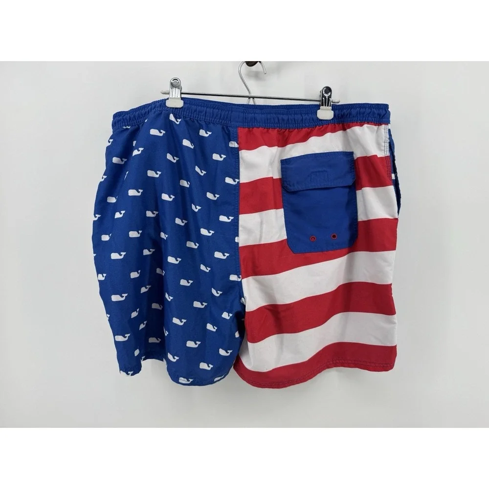 Vineyard Vines Men's Swim Shorts XXL USA Whale Striped Red White Blue Drawstring